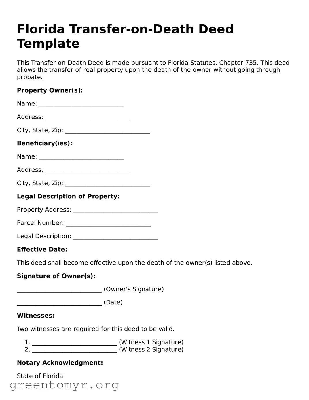 Transfer-on-Death Deed Form for the State of Florida