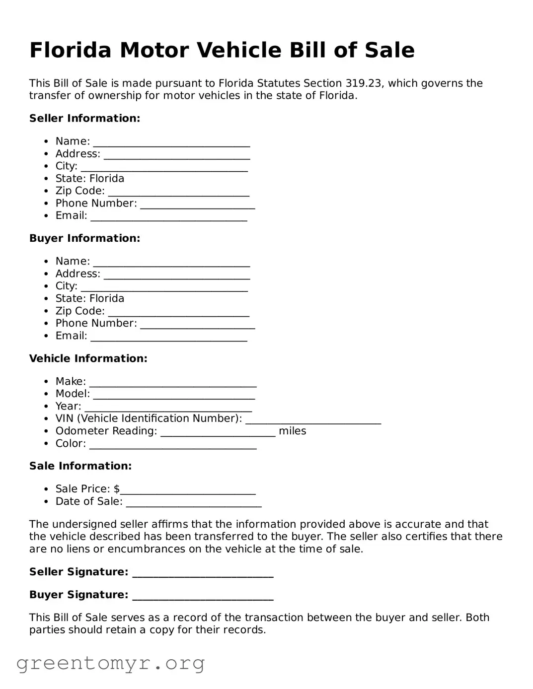 Motor Vehicle Bill of Sale Form for the State of Florida