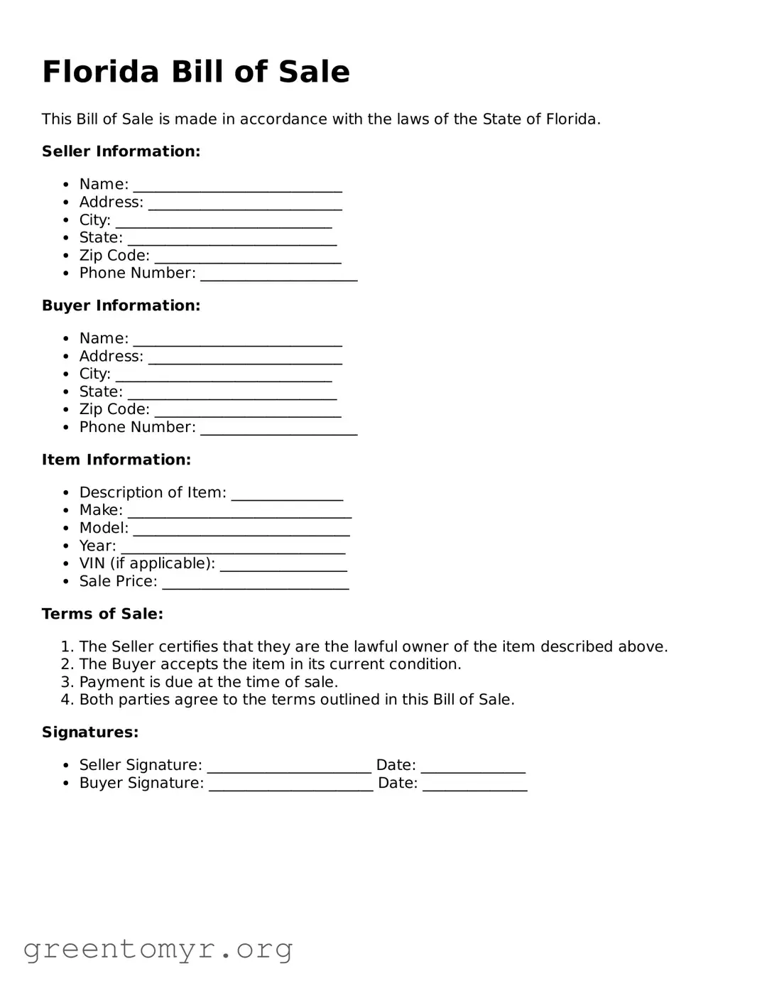 Bill of Sale Form for the State of Florida