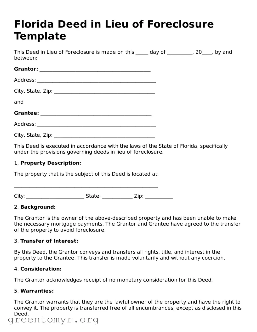 Deed in Lieu of Foreclosure Form for the State of Florida