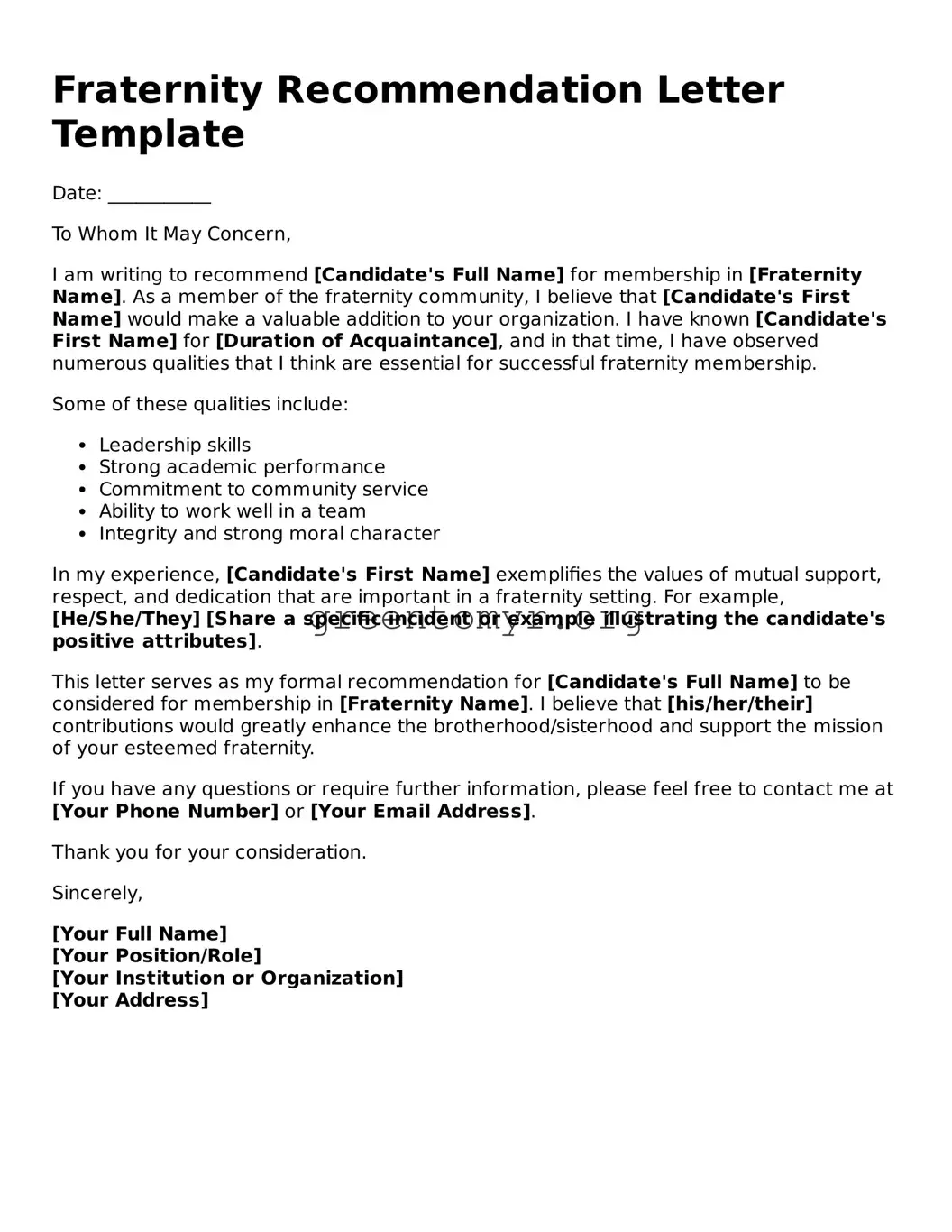 Valid Fraternity Recommendation Letter Form