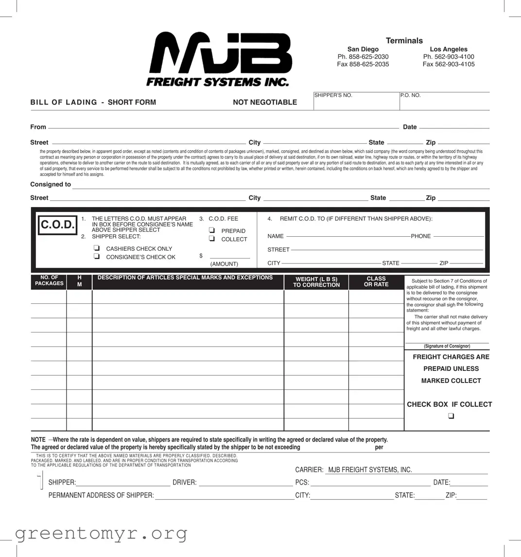Fill in a Valid Mjb Bill Of Lading Template