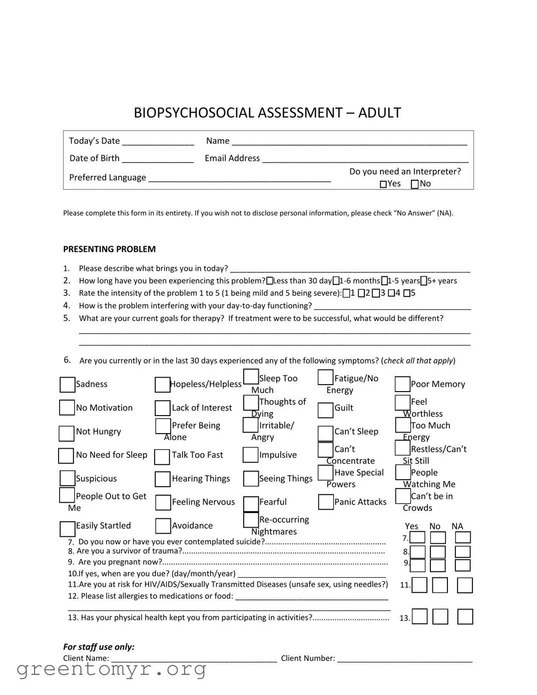 Fill in a Valid Biopsychosocial Assessment Social Work Template