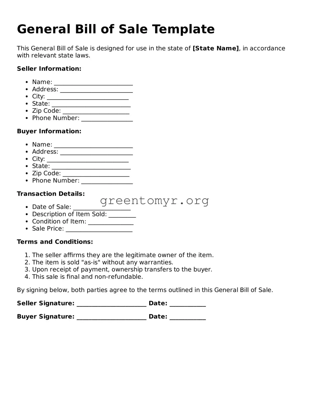 Valid General Bill of Sale Form