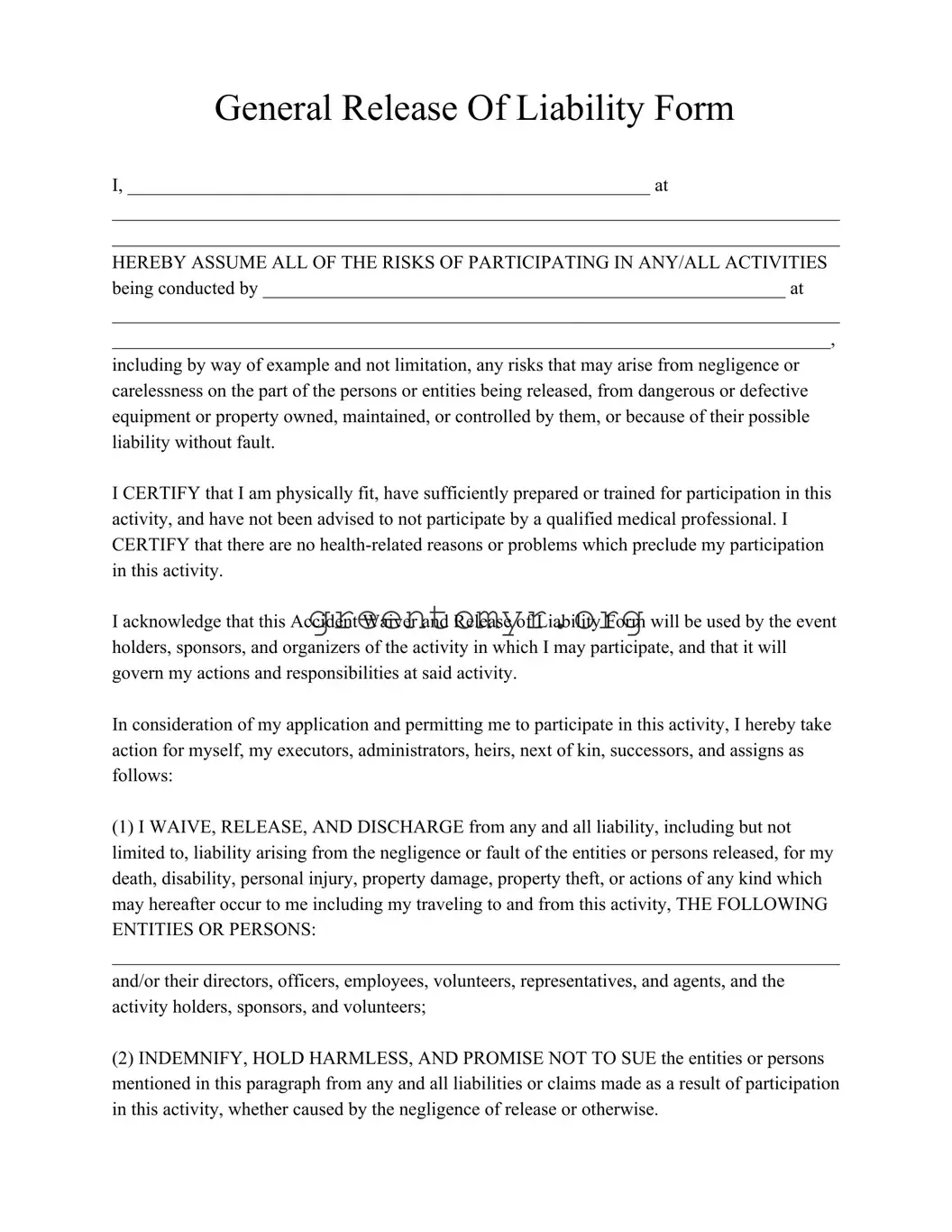 Fill in a Valid General Release Of Liability Template