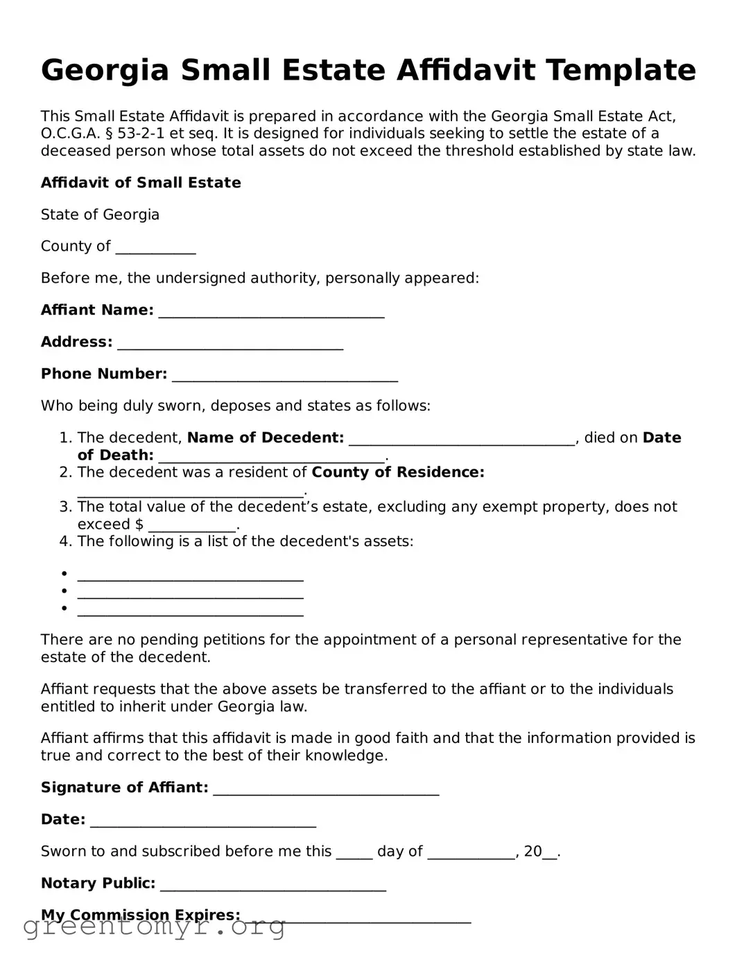 Small Estate Affidavit Form for the State of Georgia