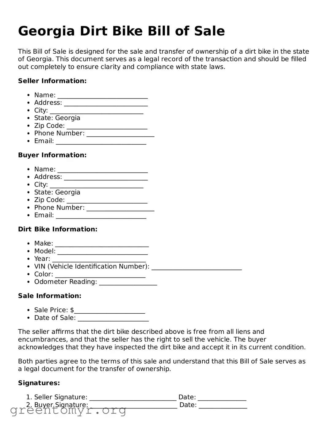 Dirt Bike Bill of Sale Form for the State of Georgia