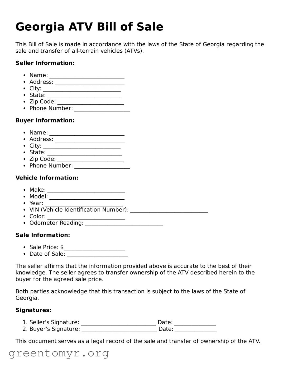 ATV Bill of Sale Form for the State of Georgia
