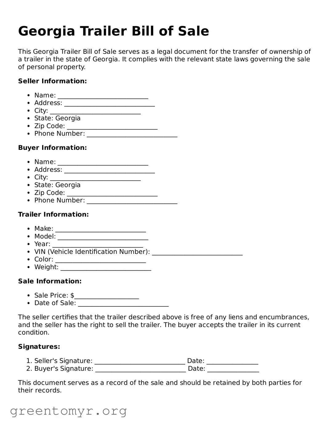 Trailer Bill of Sale Form for the State of Georgia