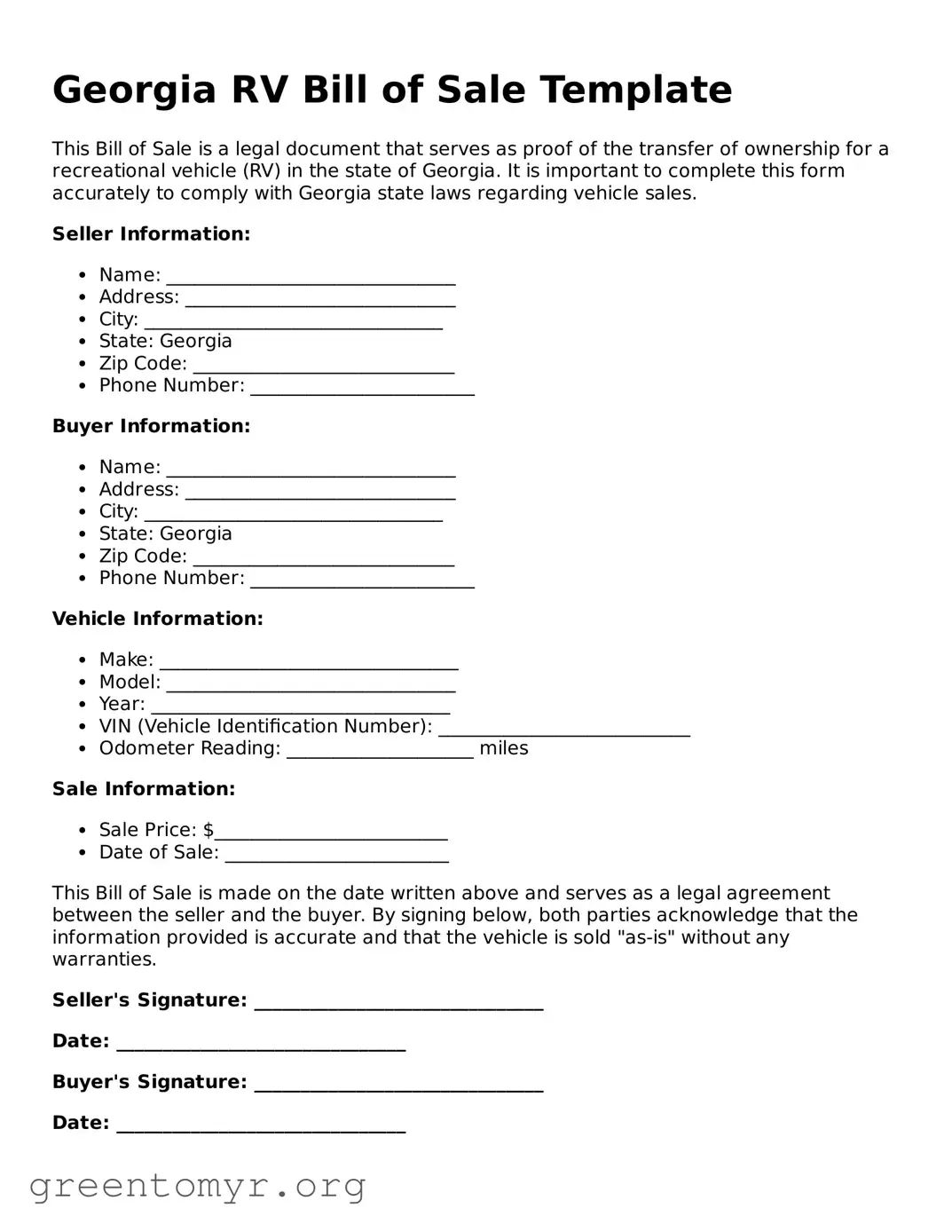 RV Bill of Sale Form for the State of Georgia