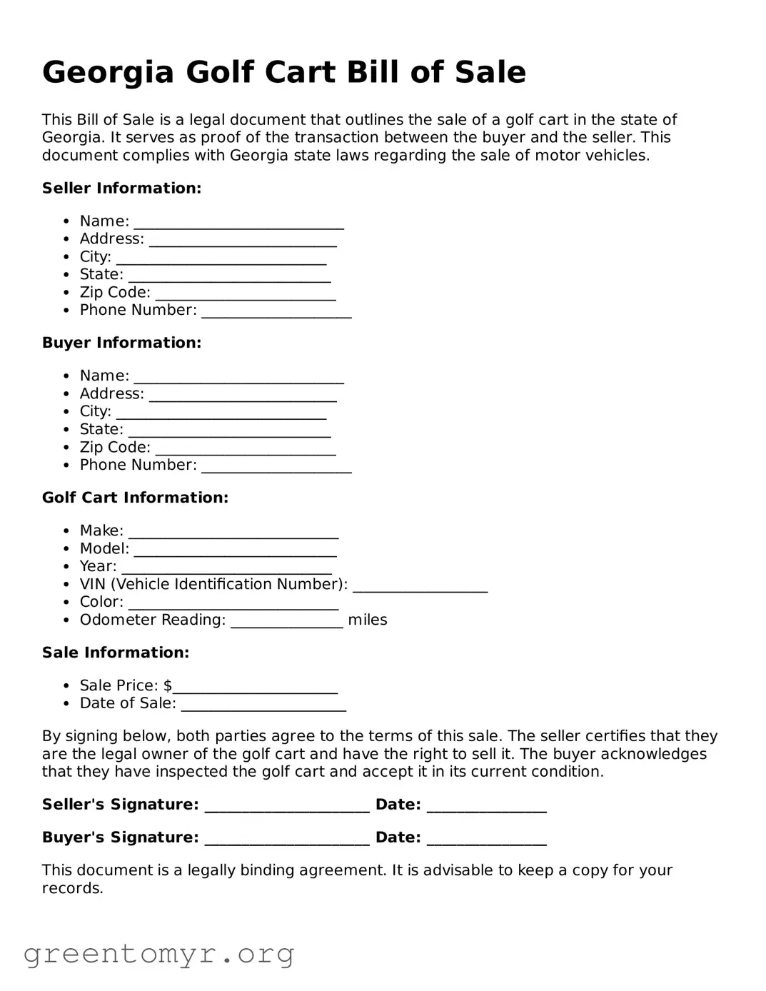 Golf Cart Bill of Sale Form for the State of Georgia