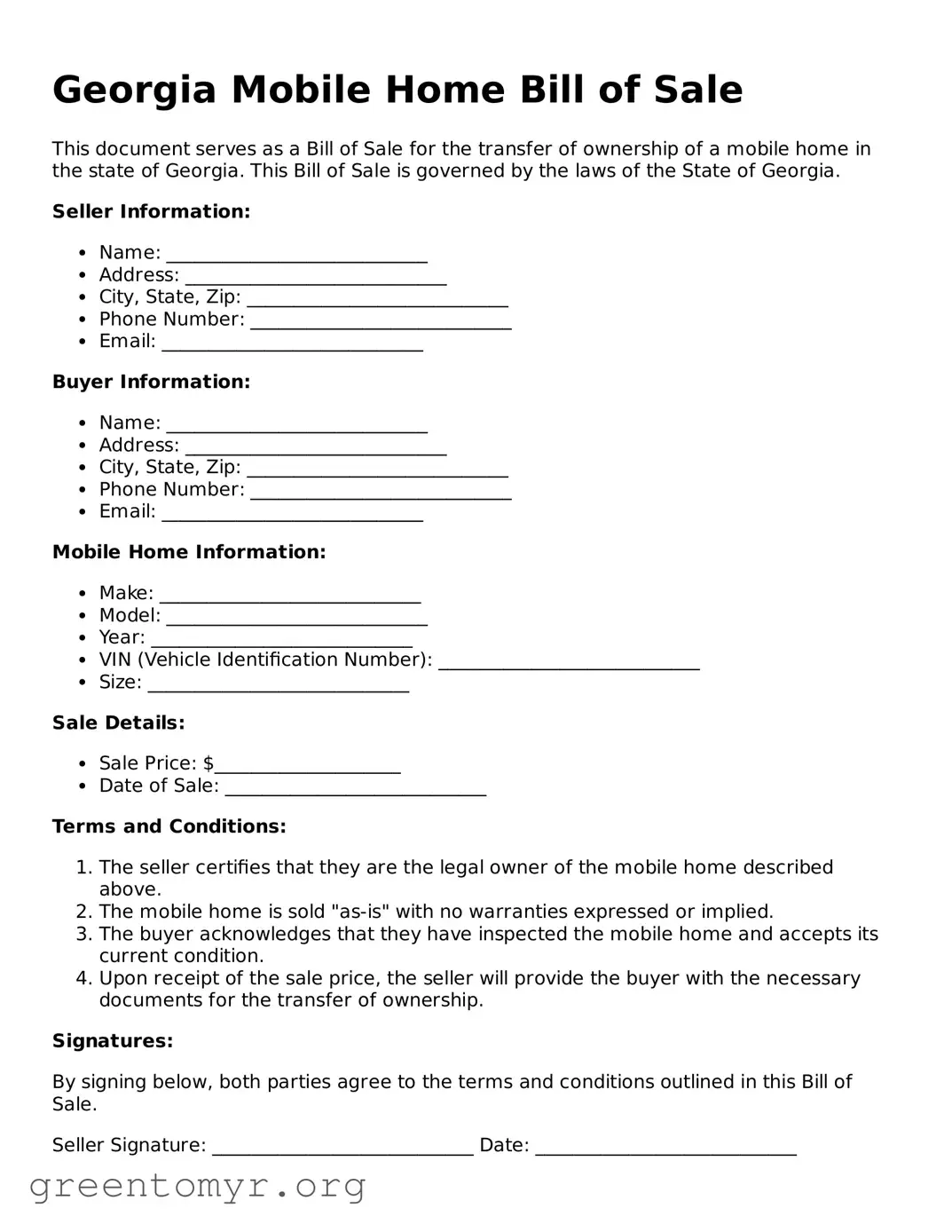 Mobile Home Bill of Sale Form for the State of Georgia