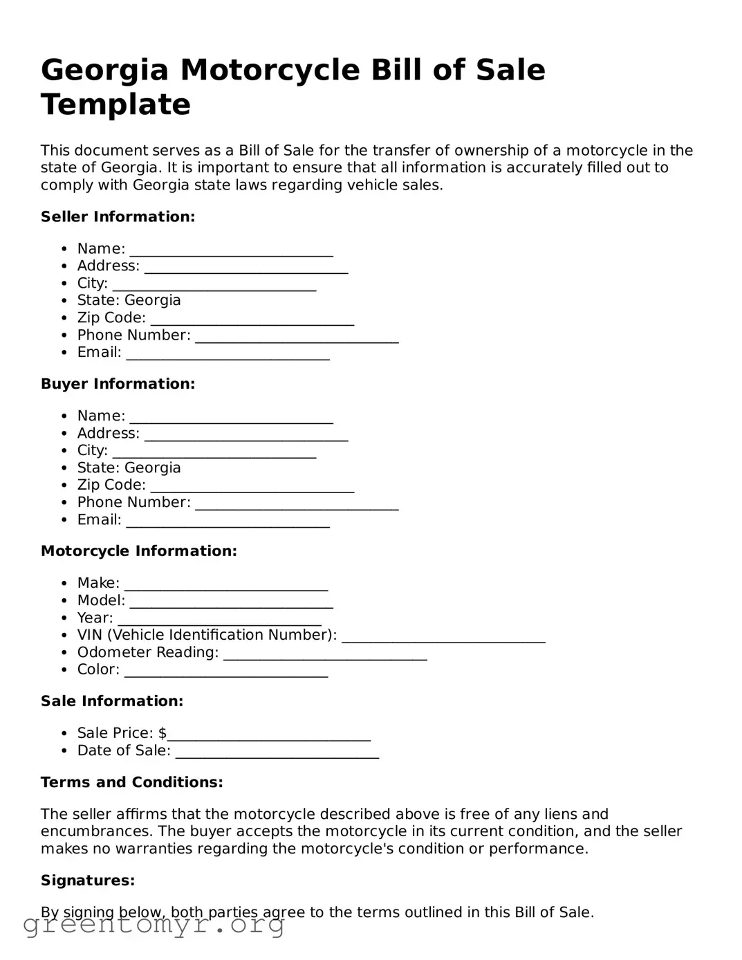 Motorcycle Bill of Sale Form for the State of Georgia