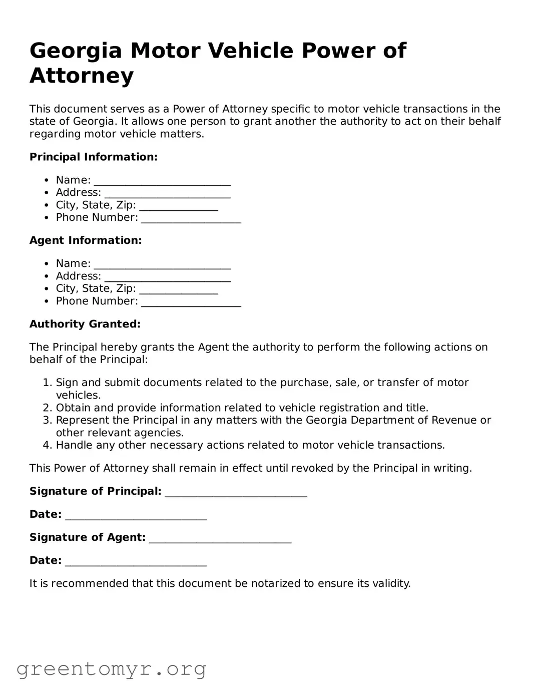 Motor Vehicle Power of Attorney Form for the State of Georgia