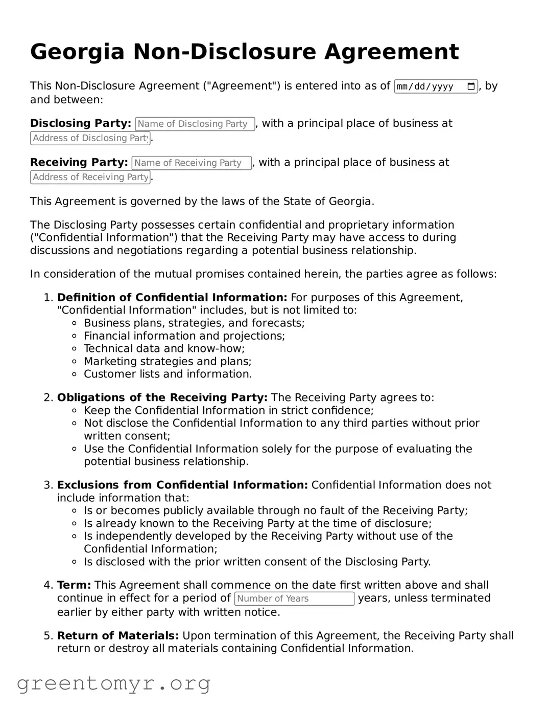 Non-disclosure Agreement Form for the State of Georgia