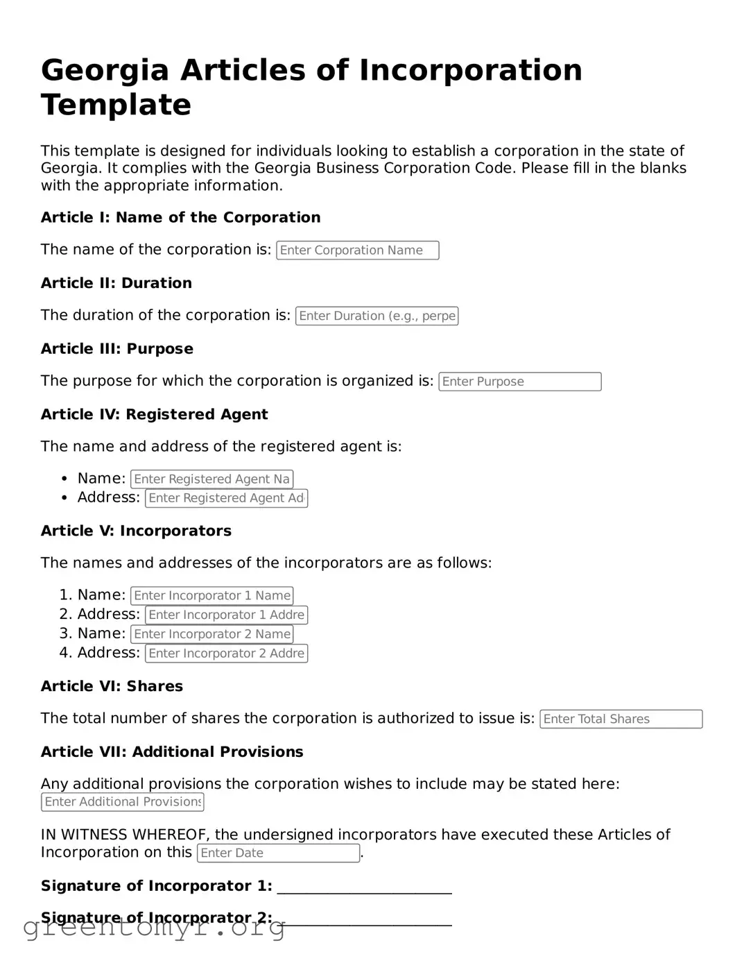 Articles of Incorporation Form for the State of Georgia
