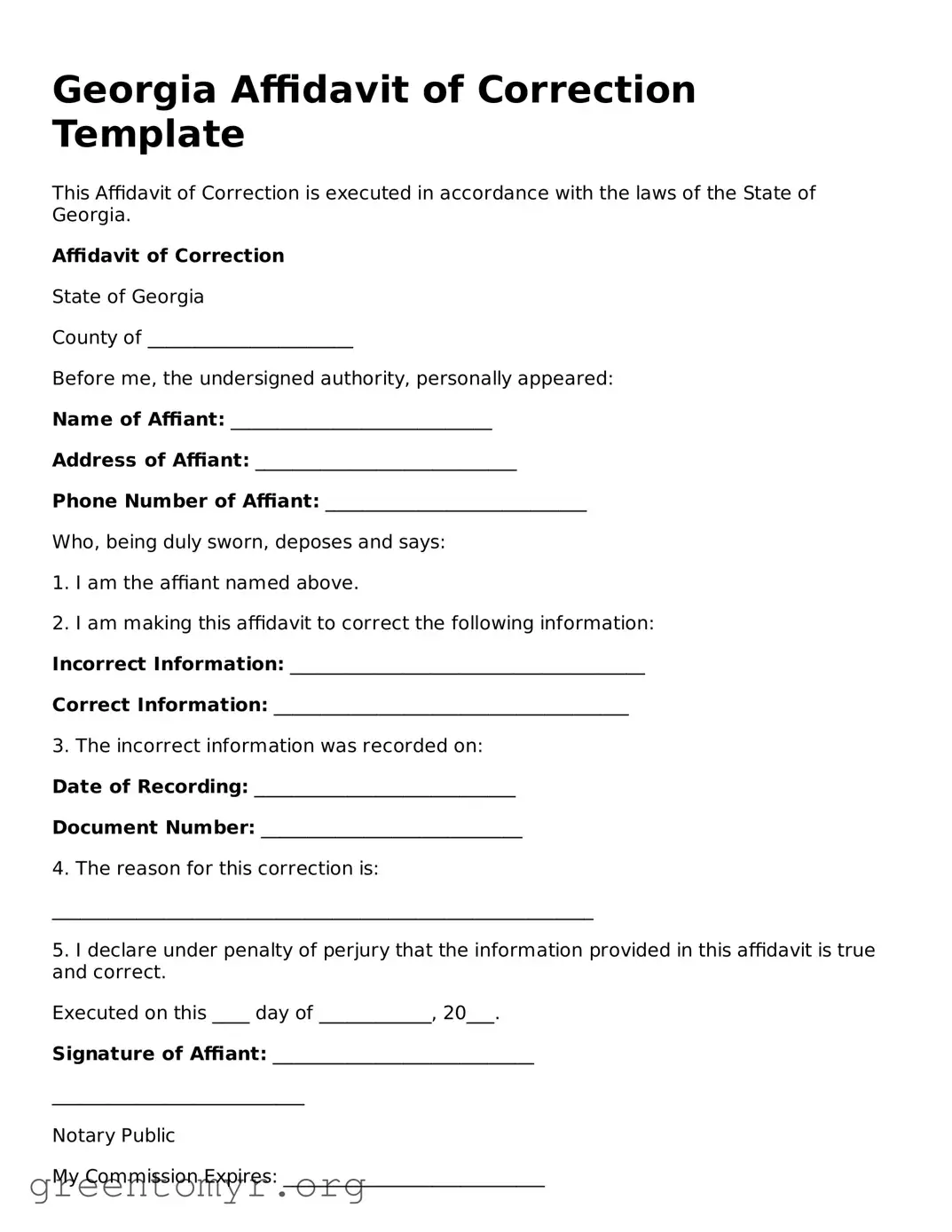 Affidavit of Correction Form for the State of Georgia