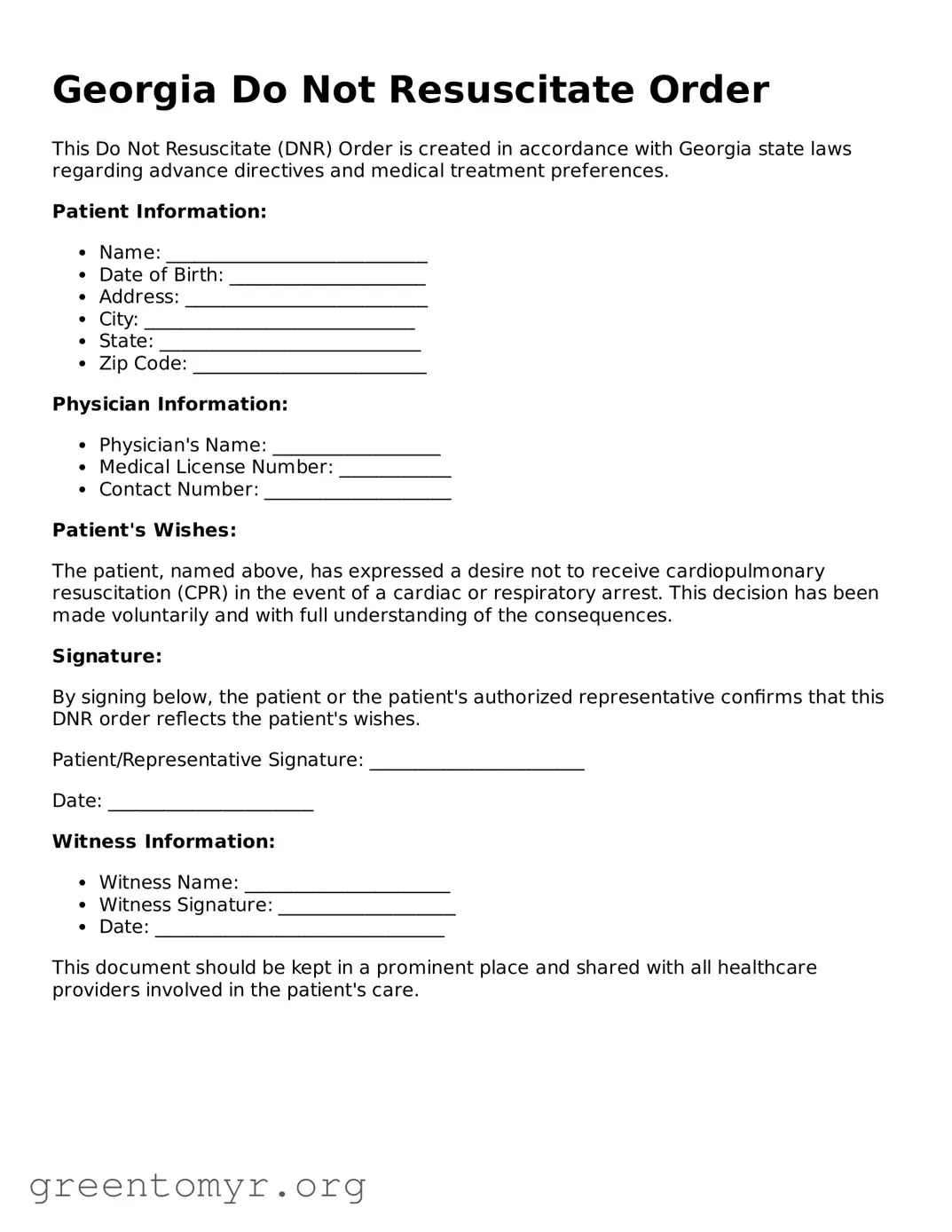 Do Not Resuscitate Order Form for the State of Georgia