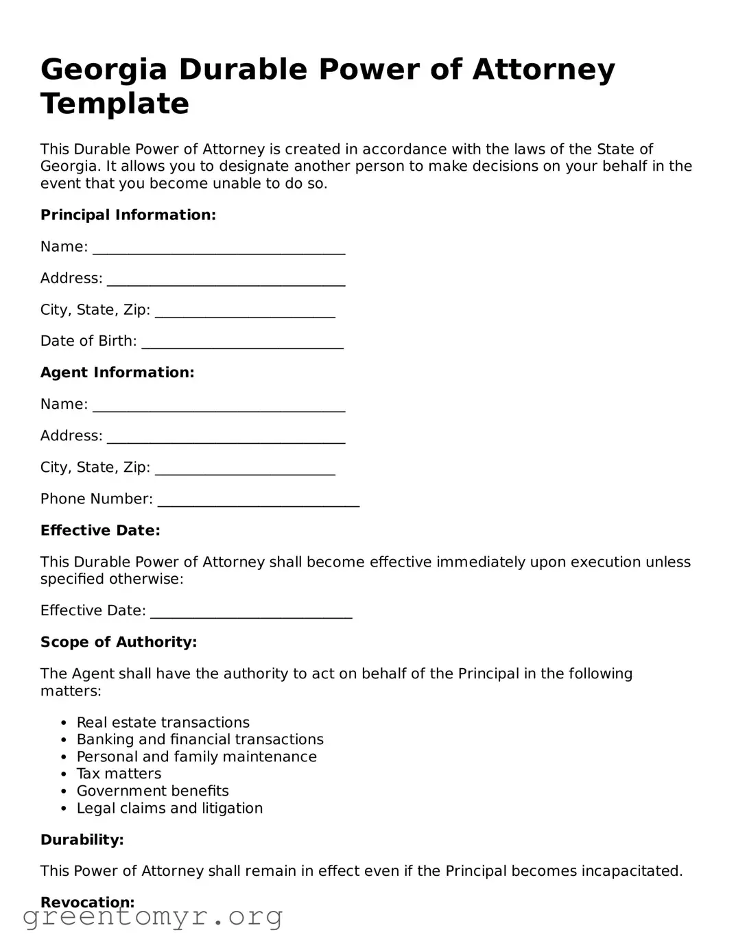 Durable Power of Attorney Form for the State of Georgia