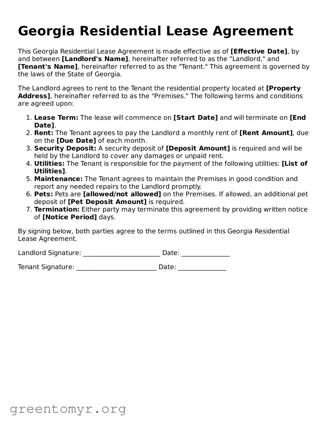 Residential Lease Agreement Form for the State of Georgia