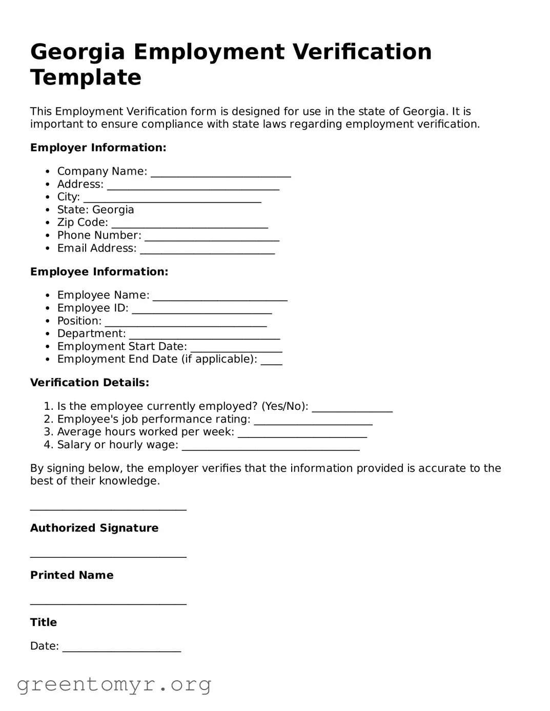 Employment Verification Form for the State of Georgia