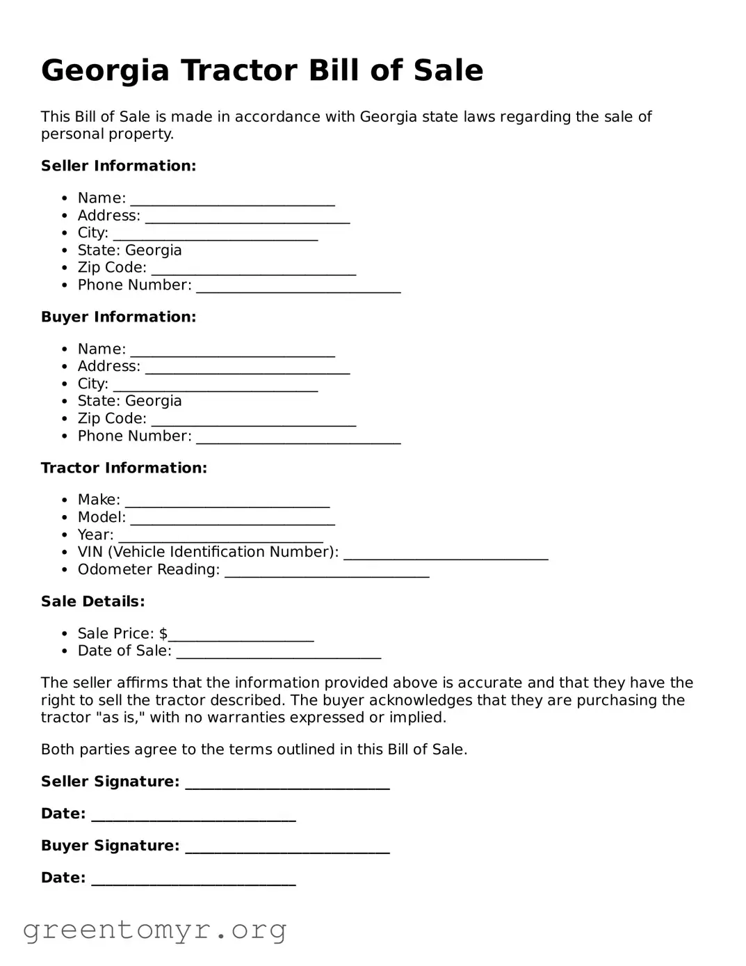 Tractor Bill of Sale Form for the State of Georgia