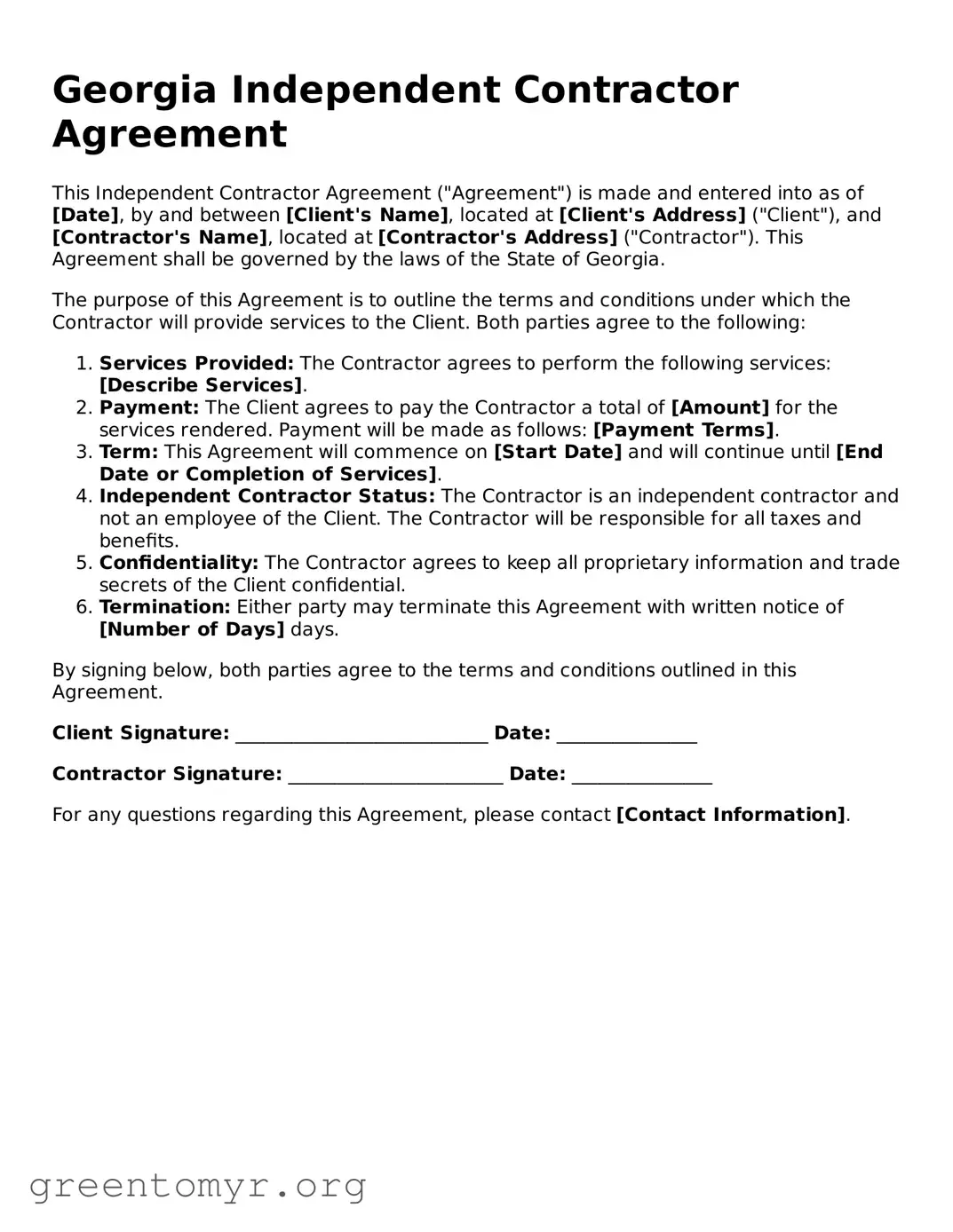 Independent Contractor Agreement Form for the State of Georgia
