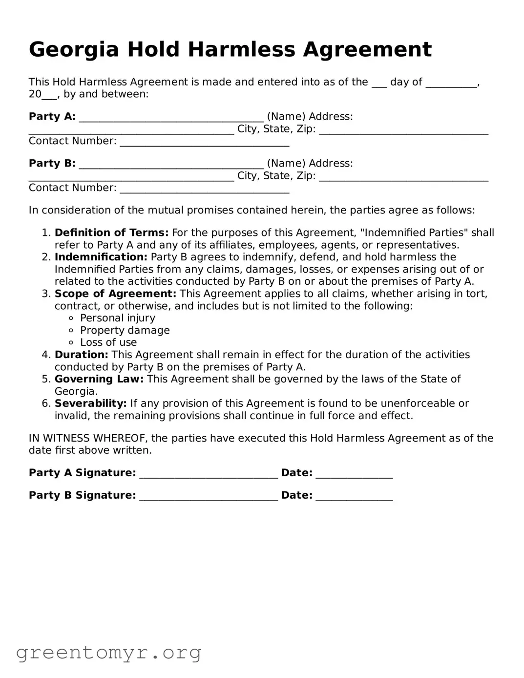 Hold Harmless Agreement Form for the State of Georgia