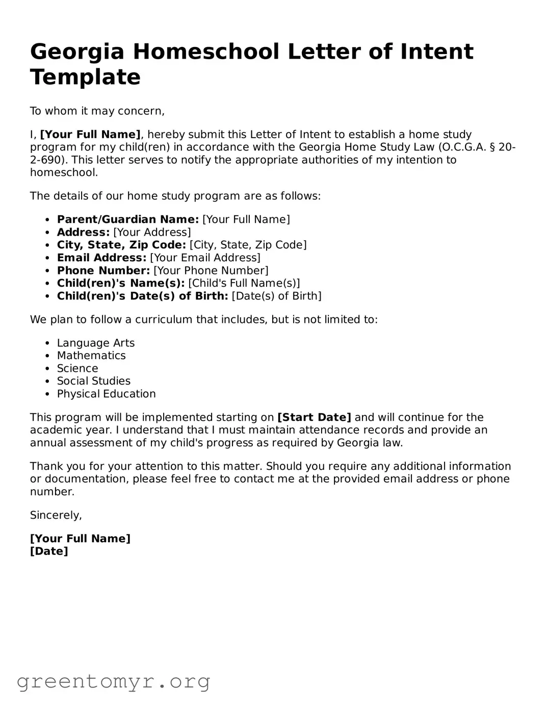 Homeschool Letter of Intent Form for the State of Georgia