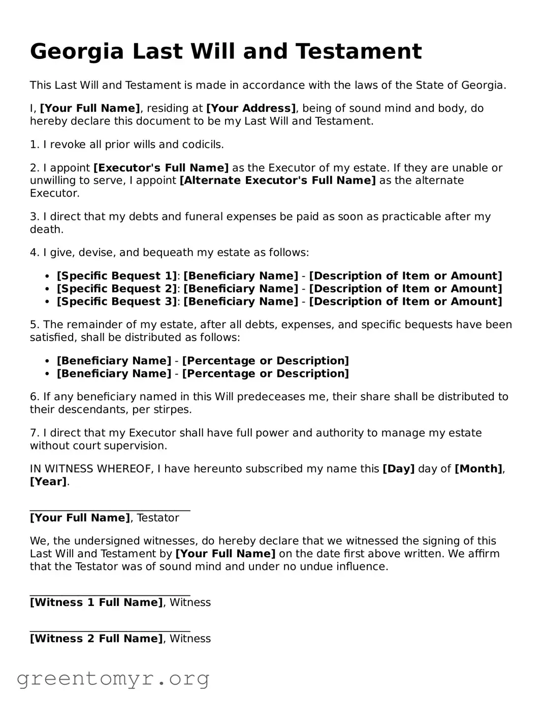 Last Will and Testament Form for the State of Georgia