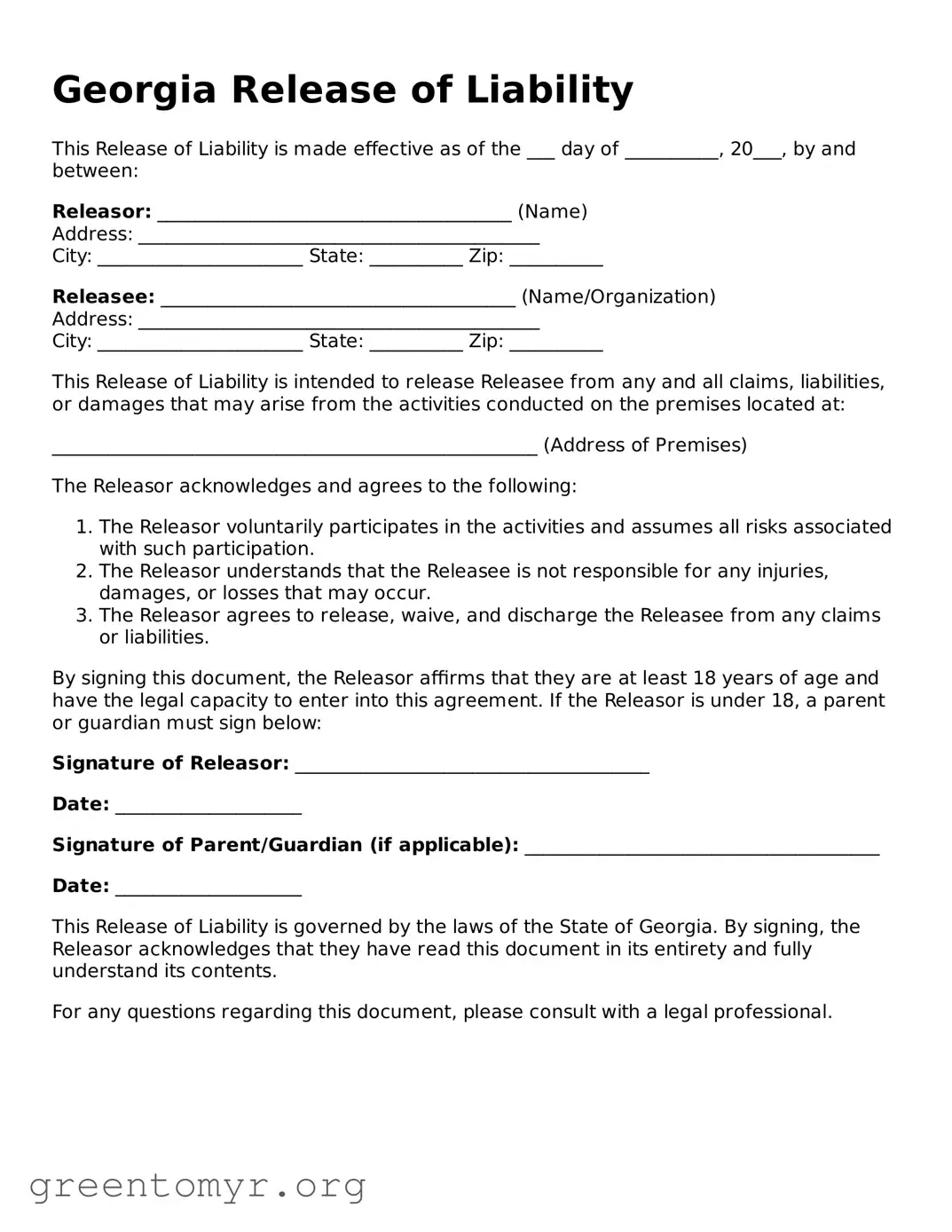 Release of Liability Form for the State of Georgia