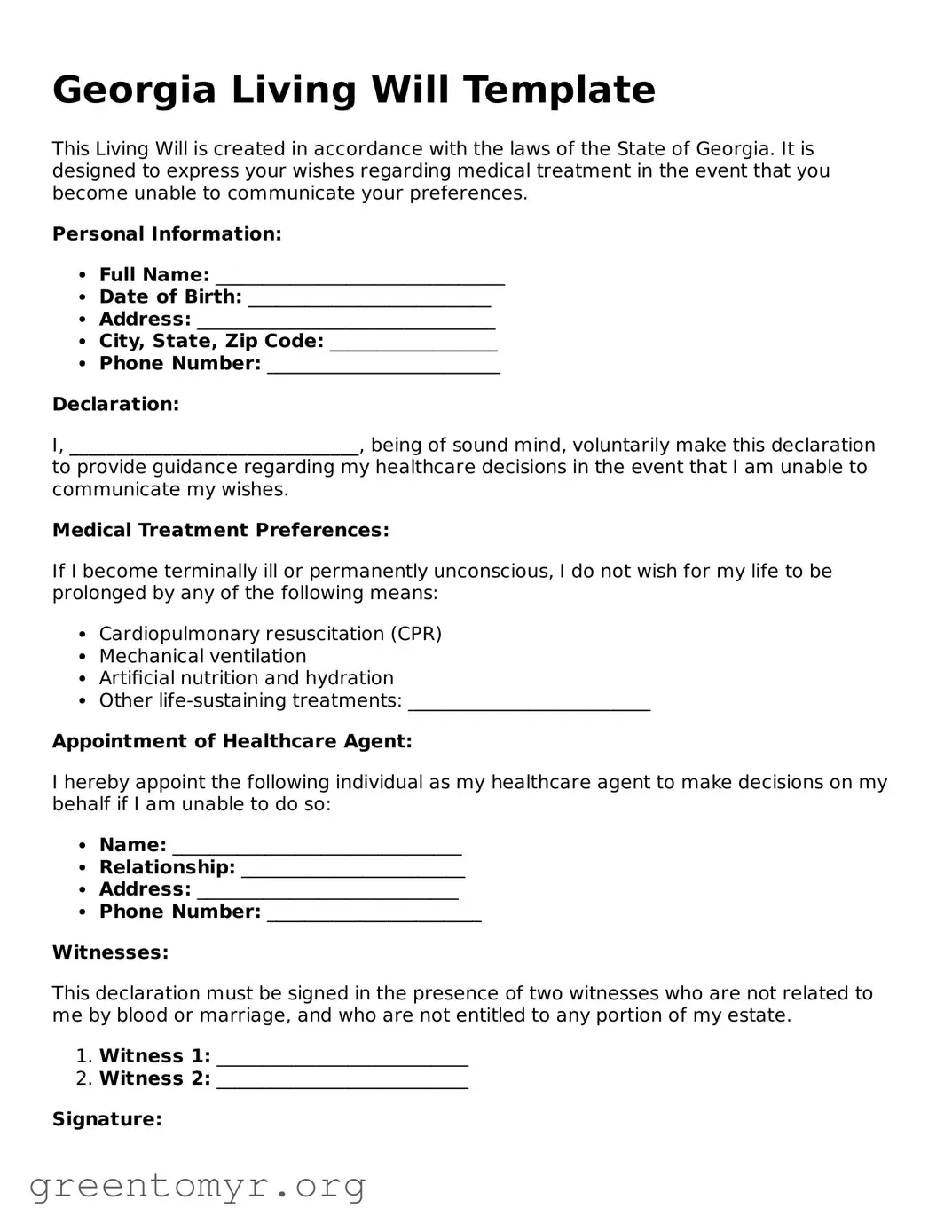 Living Will Form for the State of Georgia