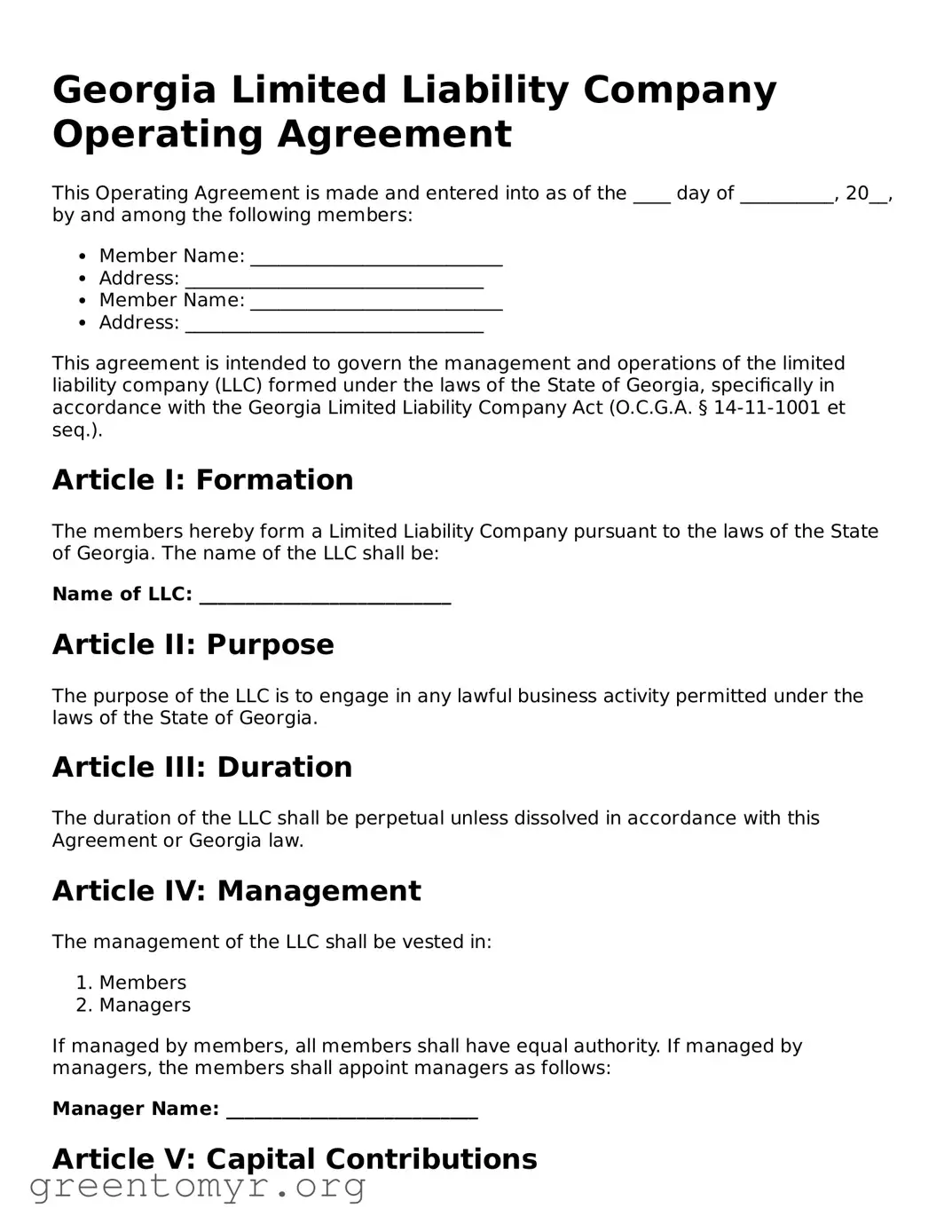 Operating Agreement Form for the State of Georgia
