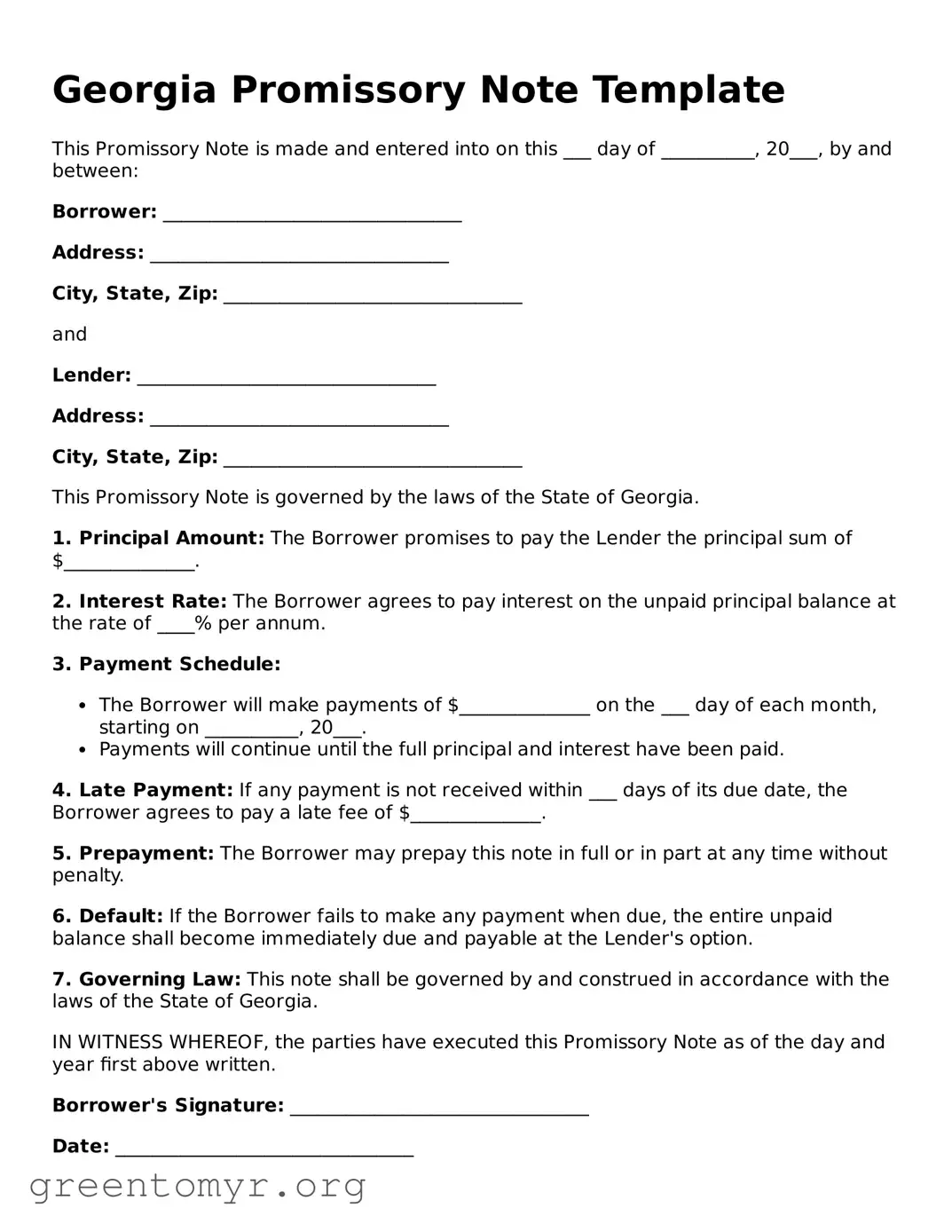 Promissory Note Form for the State of Georgia