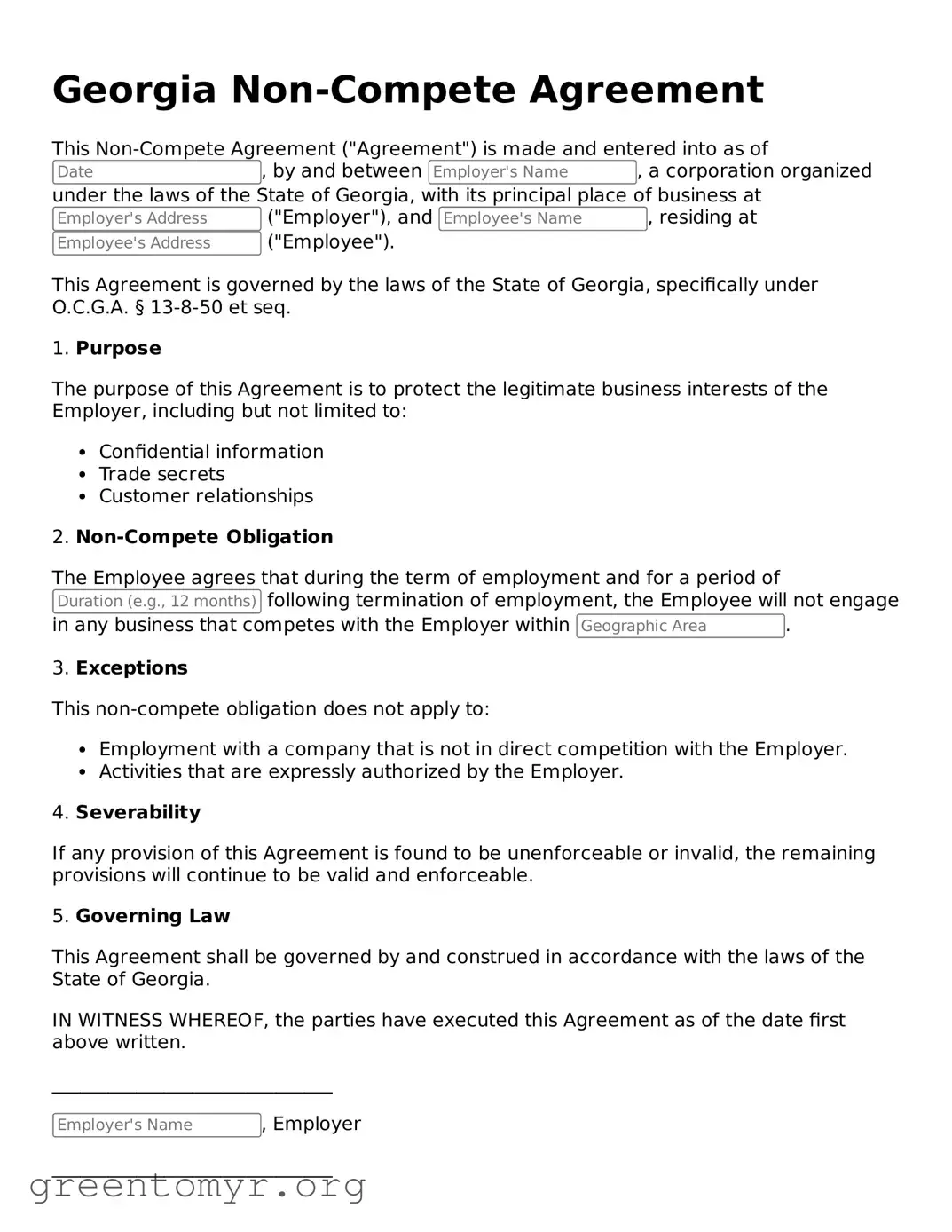 Non-compete Agreement Form for the State of Georgia
