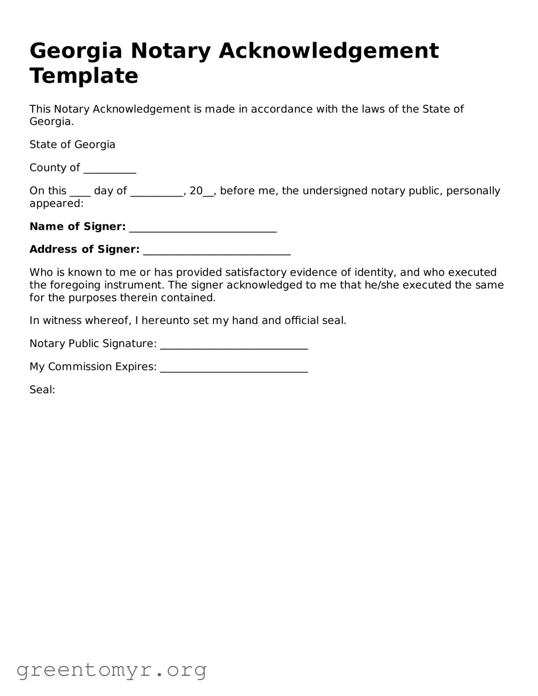 Notary Acknowledgement Form for the State of Georgia