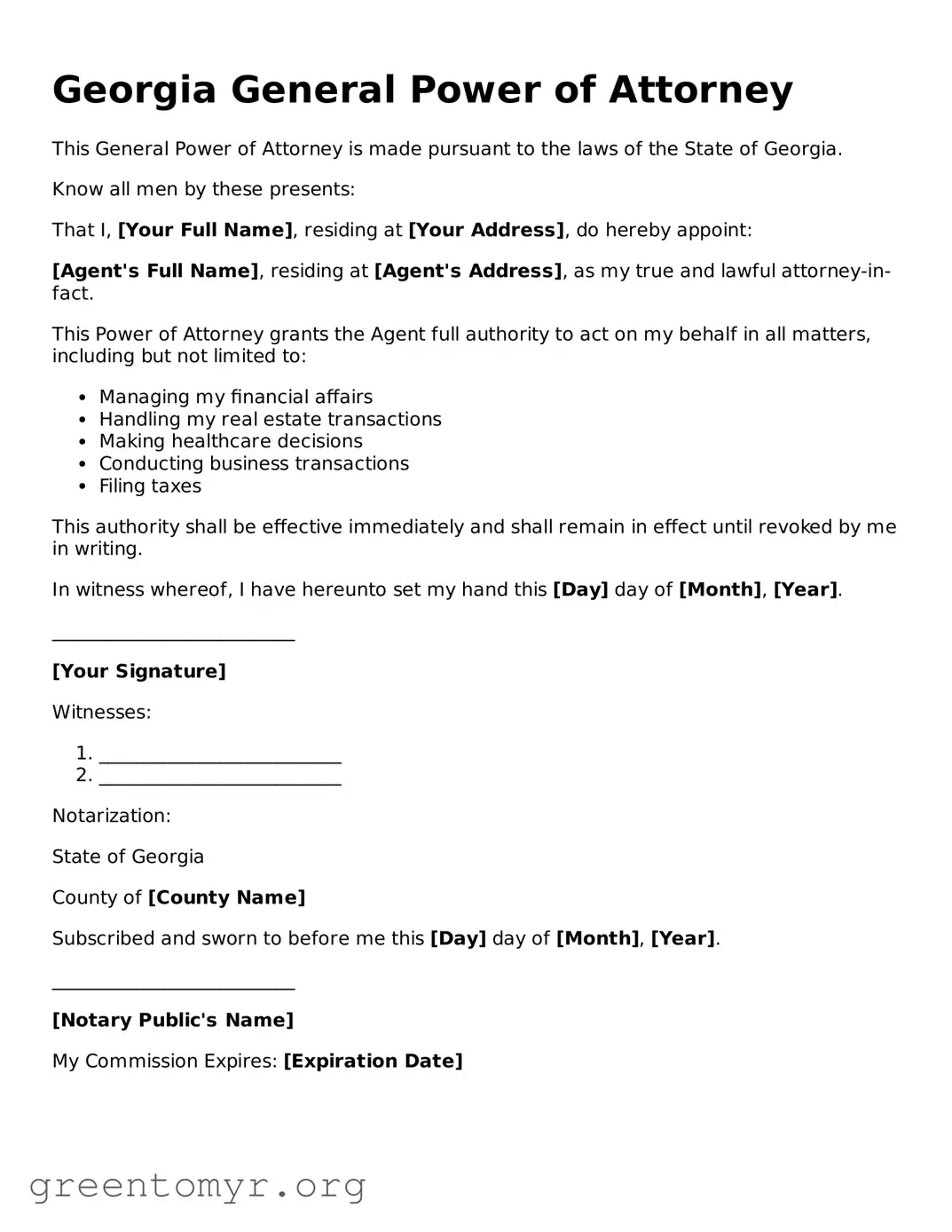 General Power of Attorney Form for the State of Georgia