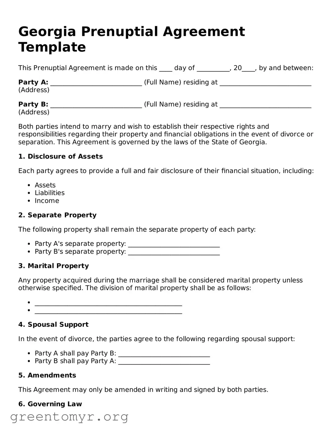 Prenuptial Agreement Form for the State of Georgia