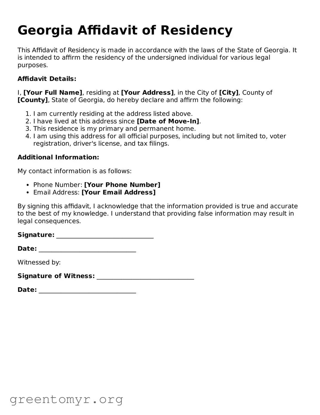 Affidavit of Residency Form for the State of Georgia