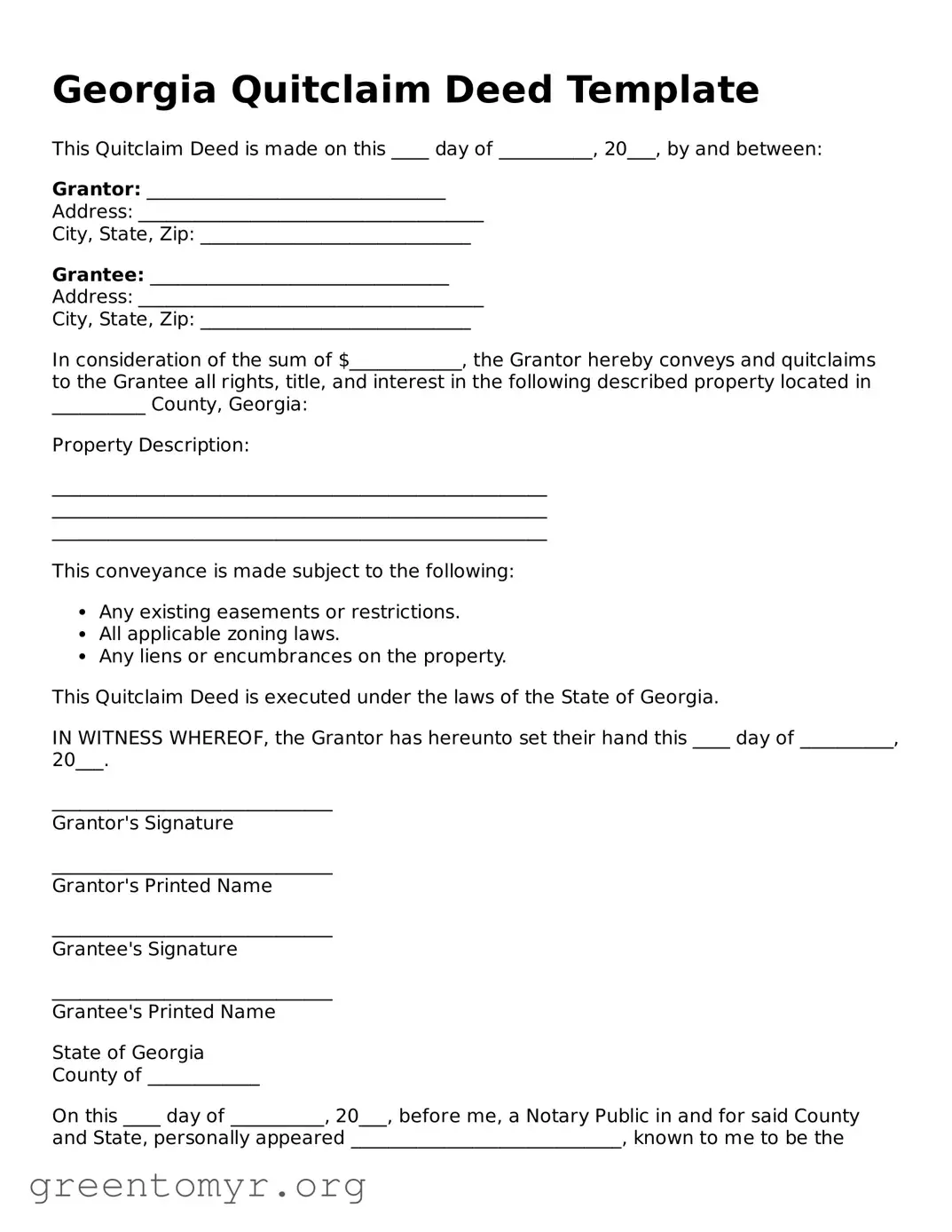 Quitclaim Deed Form for the State of Georgia