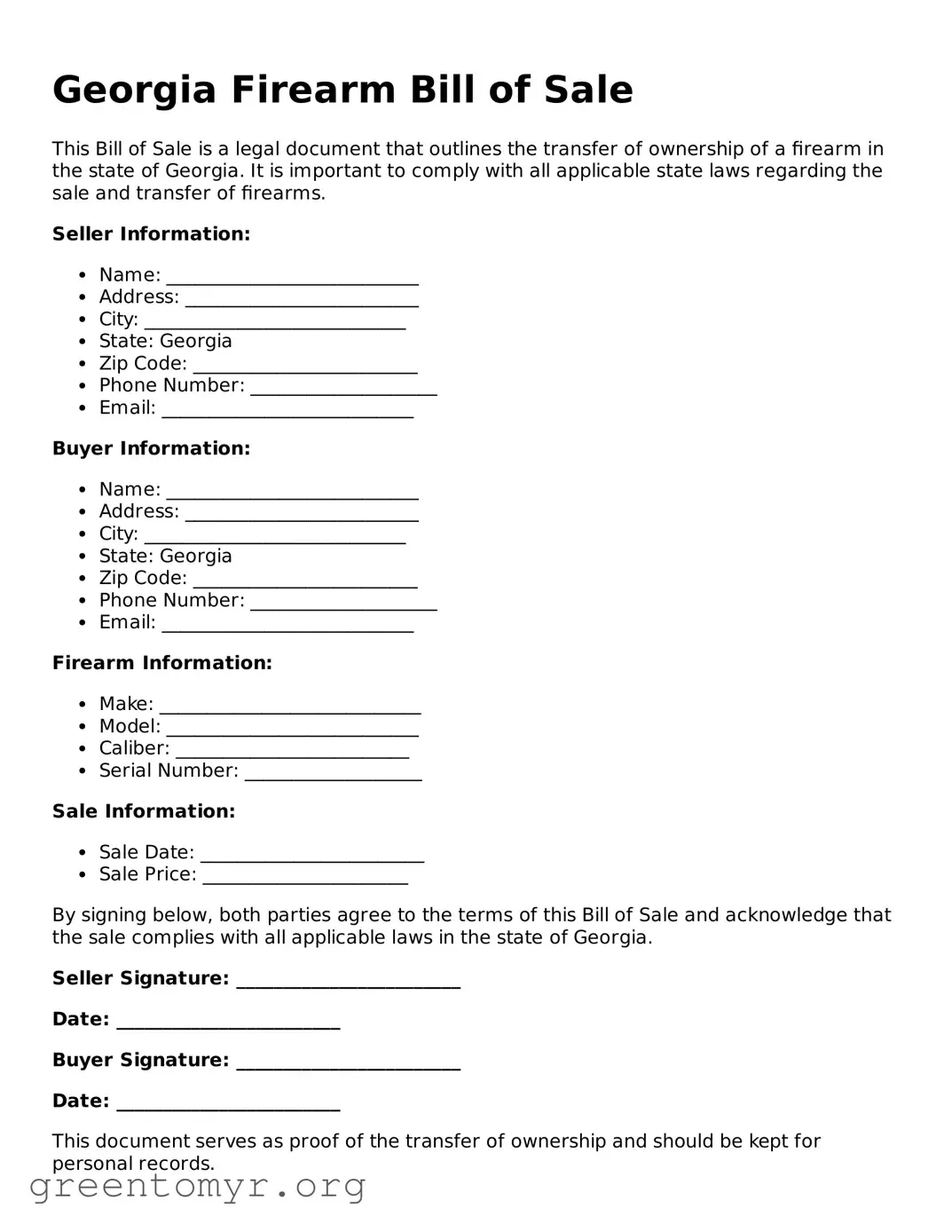 Firearm Bill of Sale Form for the State of Georgia
