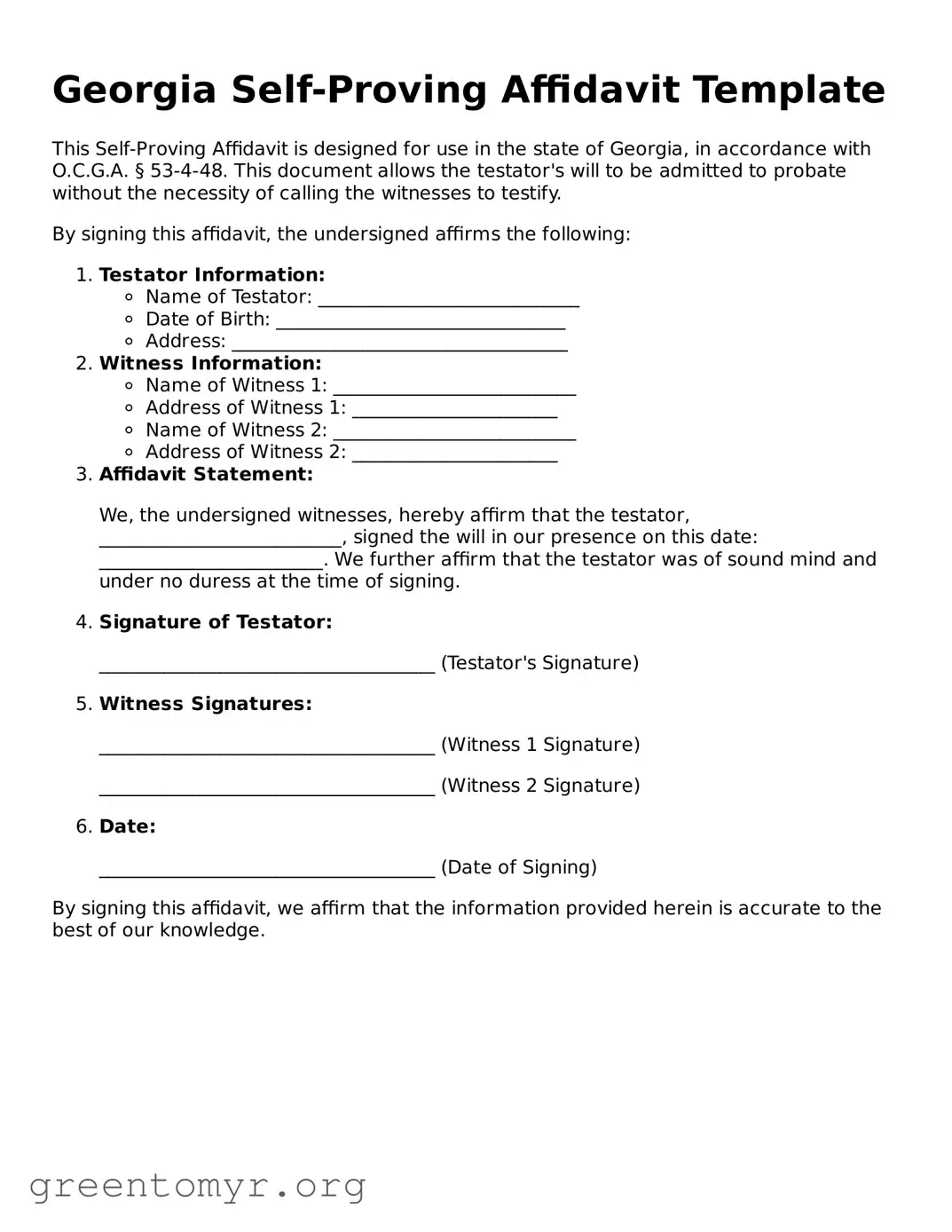 Self-Proving Affidavit Form for the State of Georgia