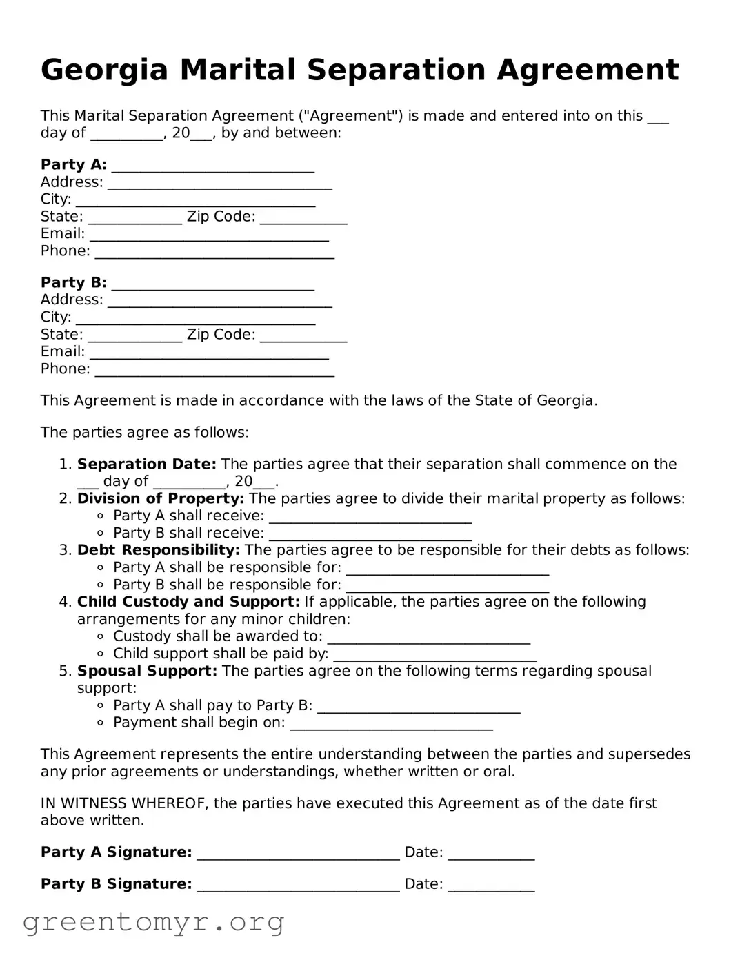 Marital Separation Agreement Form for the State of Georgia