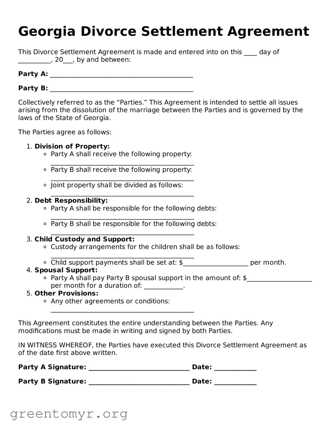 Divorce Settlement Agreement Form for the State of Georgia