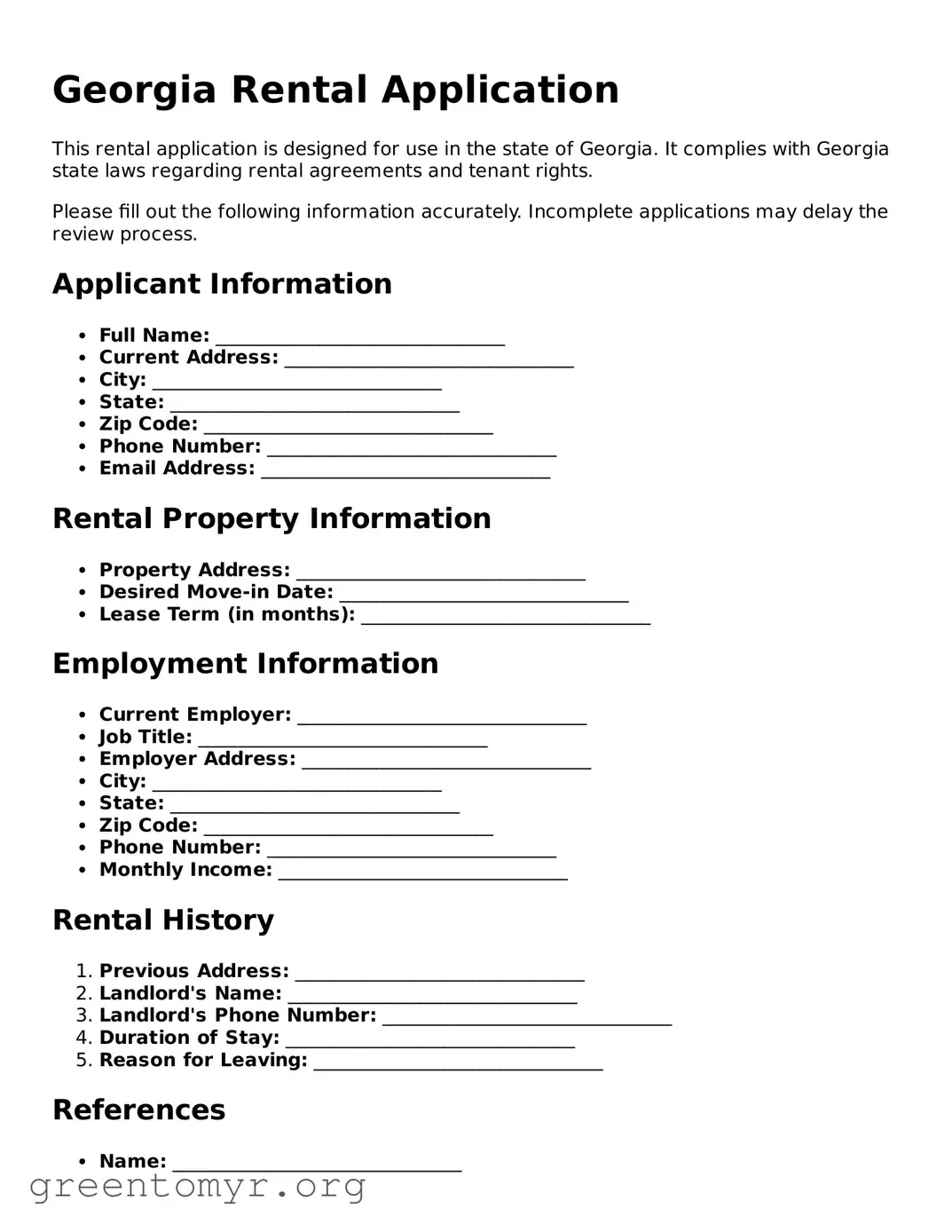 Rental Application Form for the State of Georgia