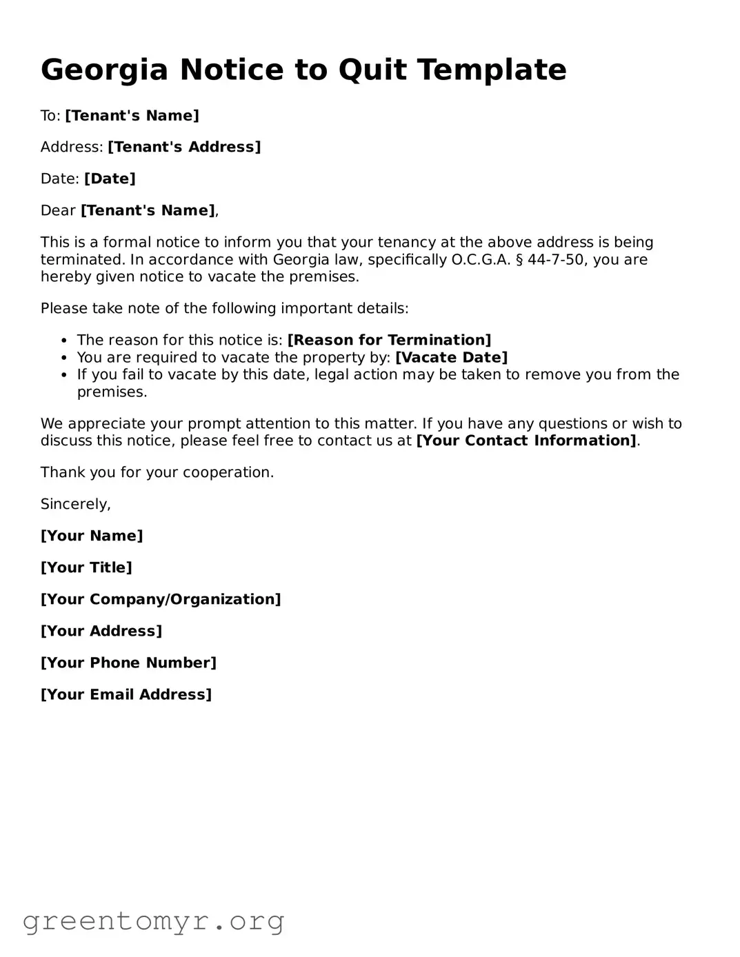 Notice to Quit Form for the State of Georgia