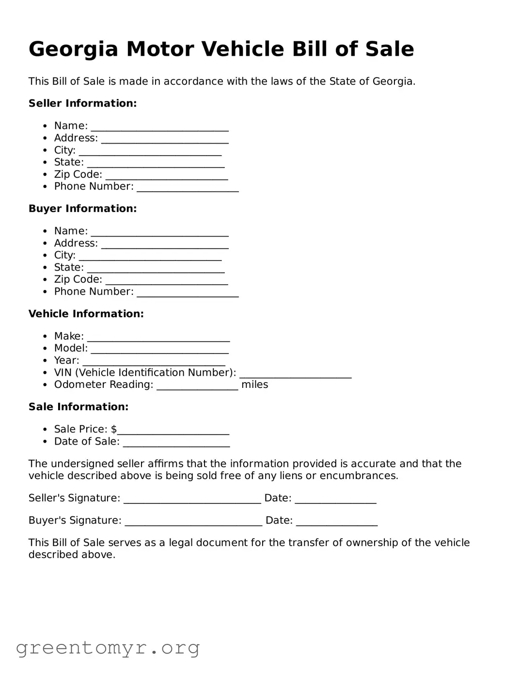 Motor Vehicle Bill of Sale Form for the State of Georgia