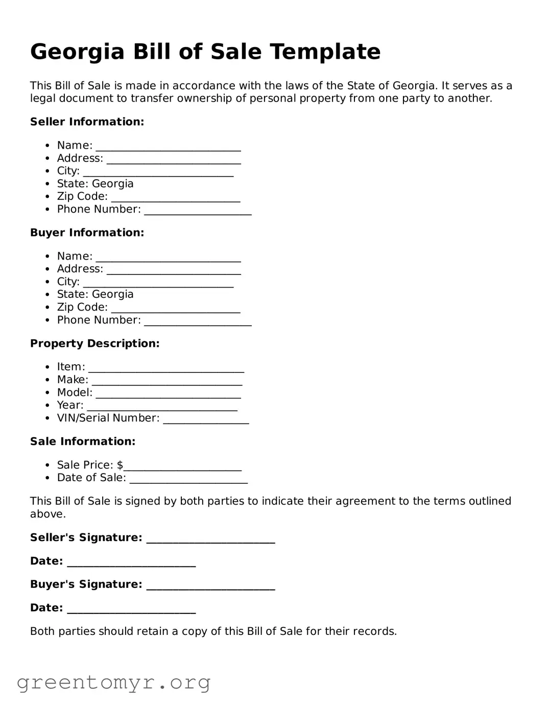 Bill of Sale Form for the State of Georgia