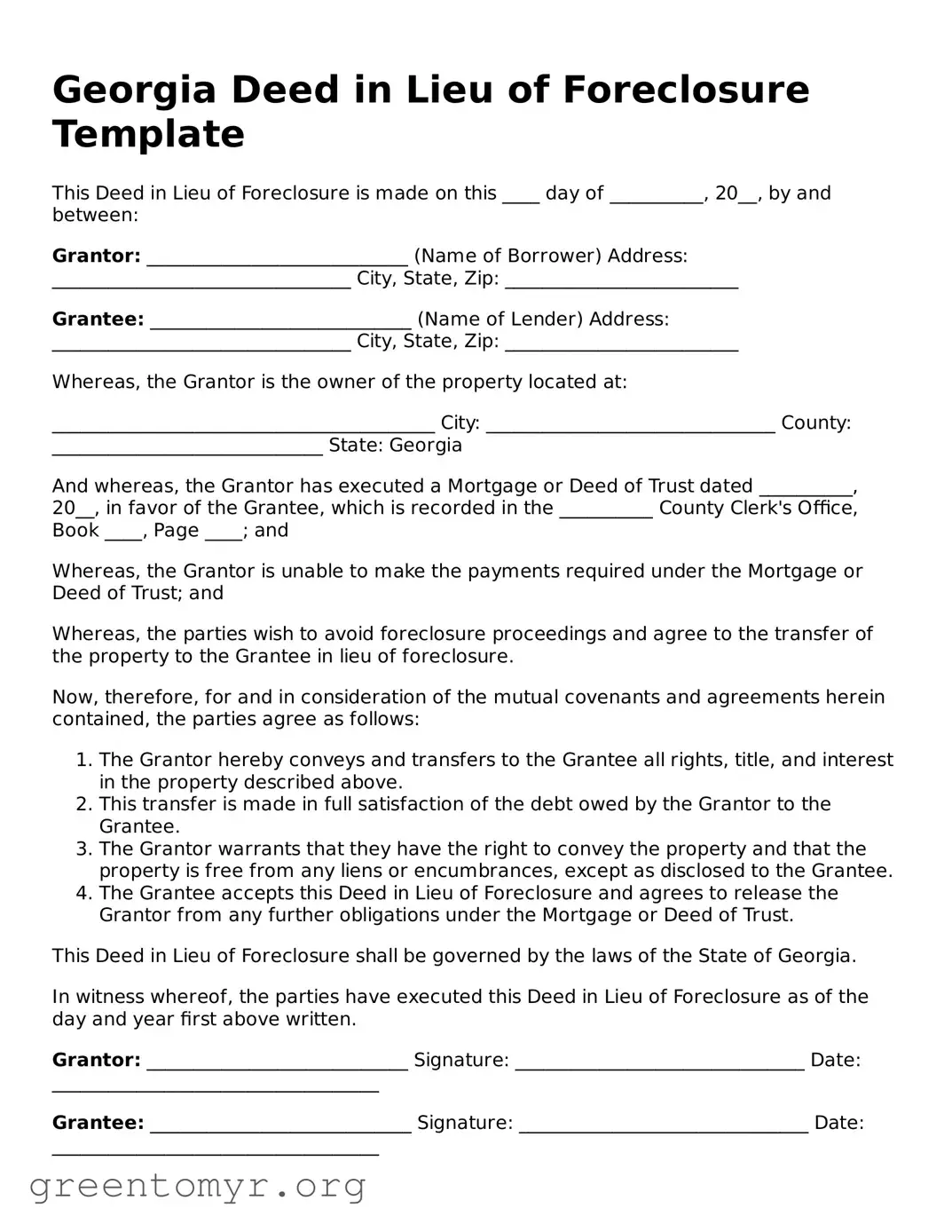 Deed in Lieu of Foreclosure Form for the State of Georgia