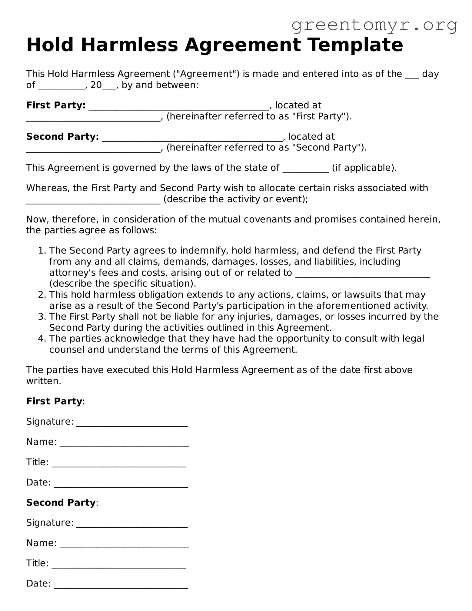 Valid Hold Harmless Agreement Form